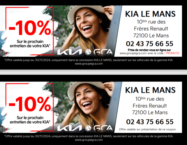 2 chèques avantages de la concession Kia Le Mans