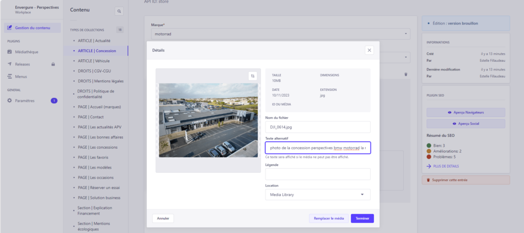 interface du back office pour le nouveau site internet